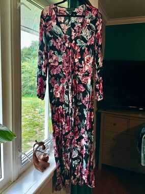 Floral Maxi wrap Dress with Pink & Green Blooms